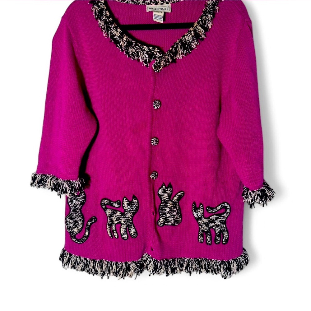 Vintage Embroidered Cat fringe button down cardigan sweater size L XL
